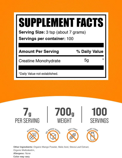 BulkSupplements.com Creatine Monohydrate Powder - Creatine Flavored Powder Supplement, Micronized - Mango Tango Flavor, 7g per Serving, 700g (1.5 lbs) (Pack of 1)
