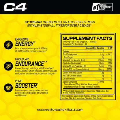 C4 Original Pre Workout with 150mg Caffeine, Fruit Punch, 60 Servings