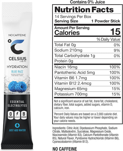 CELSIUS Hydration™ Blue Razz, Sugar Free Electrolyte Hydration Drink Mix (Pack of 14)