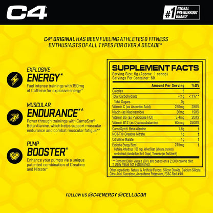C4 Original Pre Workout with 150mg Caffeine, Fruit Punch, 60 Servings