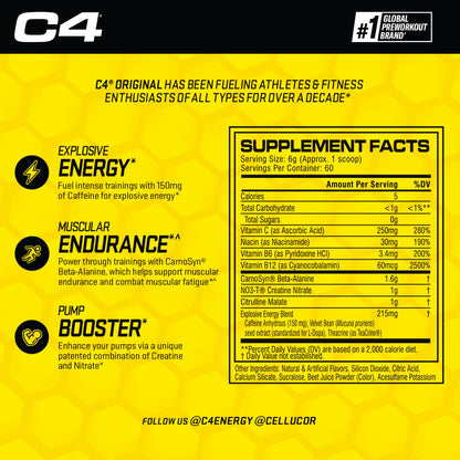 C4 Original Pre Workout with 150mg Caffeine, Fruit Punch, 60 Servings