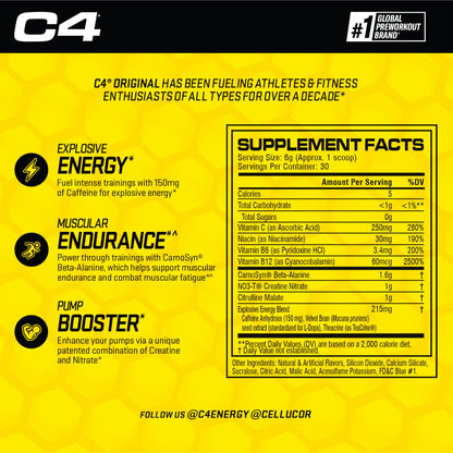 C4 Original Pre Workout with 150mg Caffeine, Fruit Punch, 60 Servings