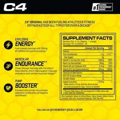 C4 Original Pre Workout with 150mg Caffeine, Fruit Punch, 60 Servings